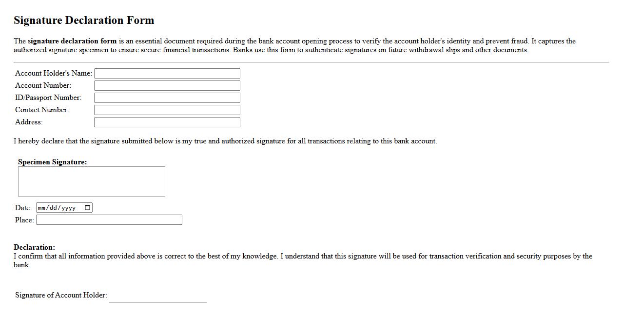 Signature declaration form sample for bank account opening image preview