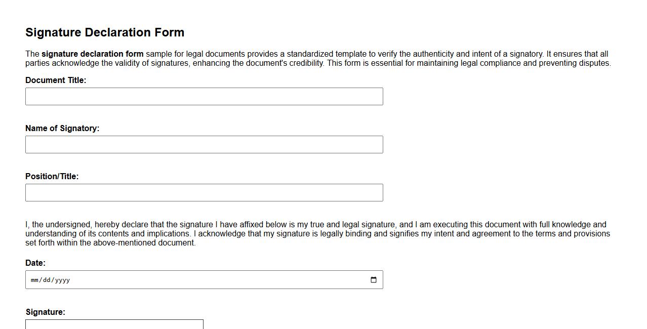 Signature declaration form sample for legal documents image preview