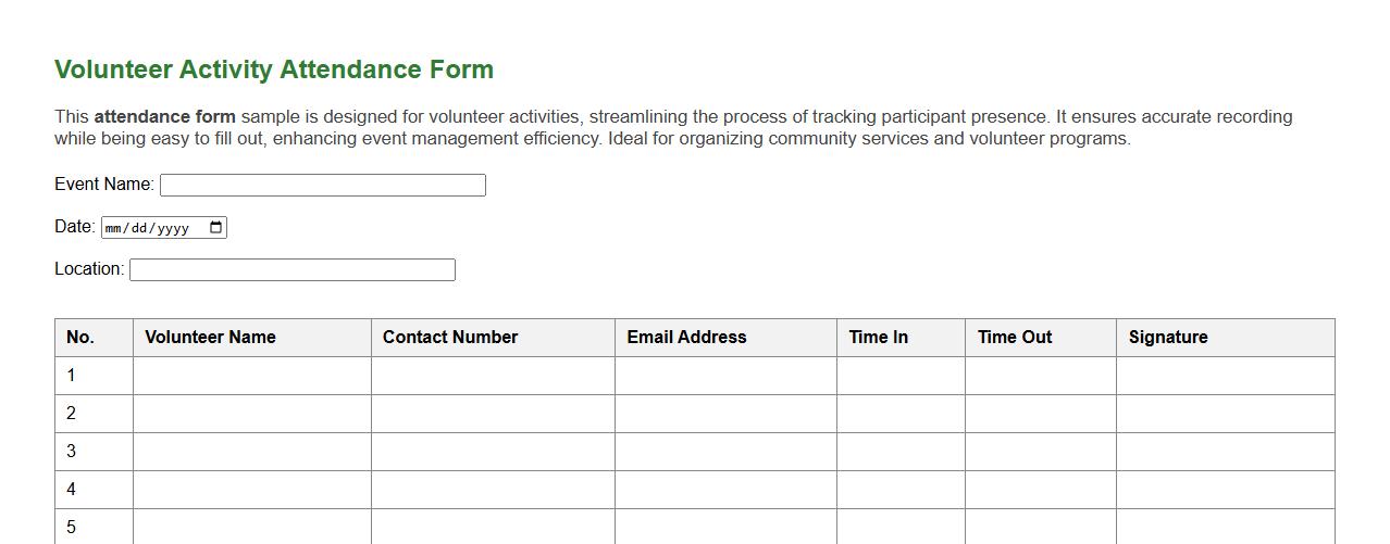 Simple attendance form sample for volunteer activities image preview