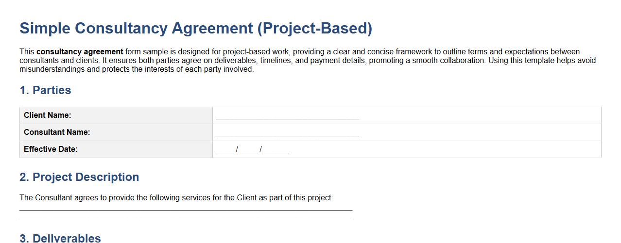 Simple consultancy agreement form sample for project-based work image preview