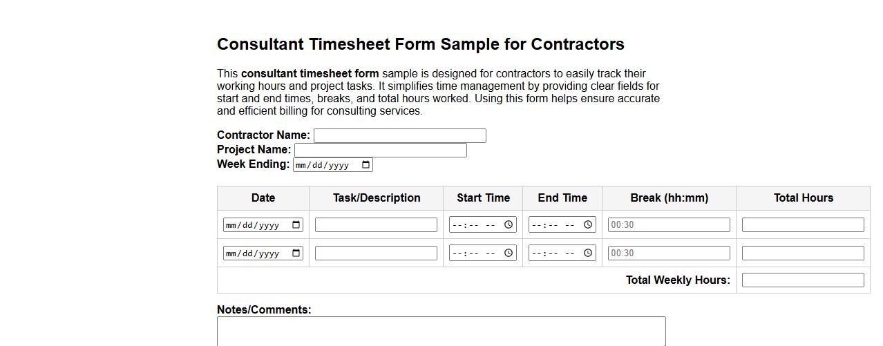 Simple consultant timesheet form sample for contractors image preview