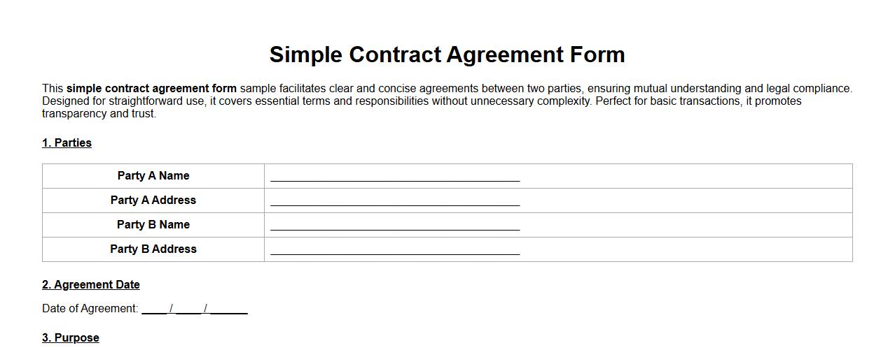 Simple contract agreement form sample between two parties image preview