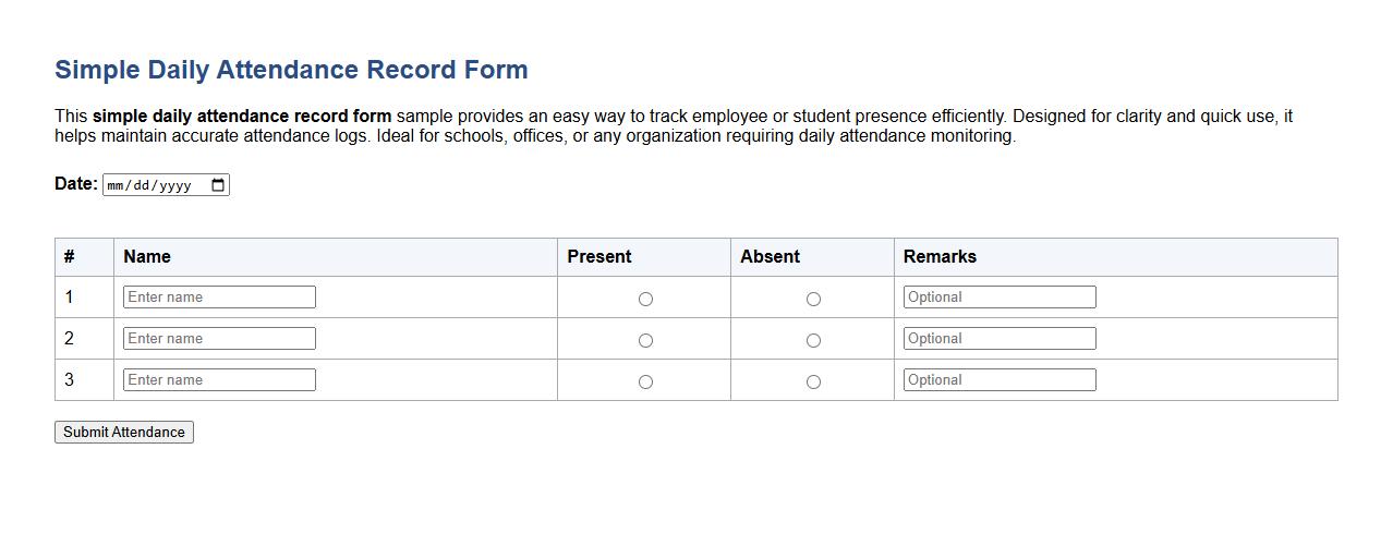 Simple daily attendance record form sample image preview