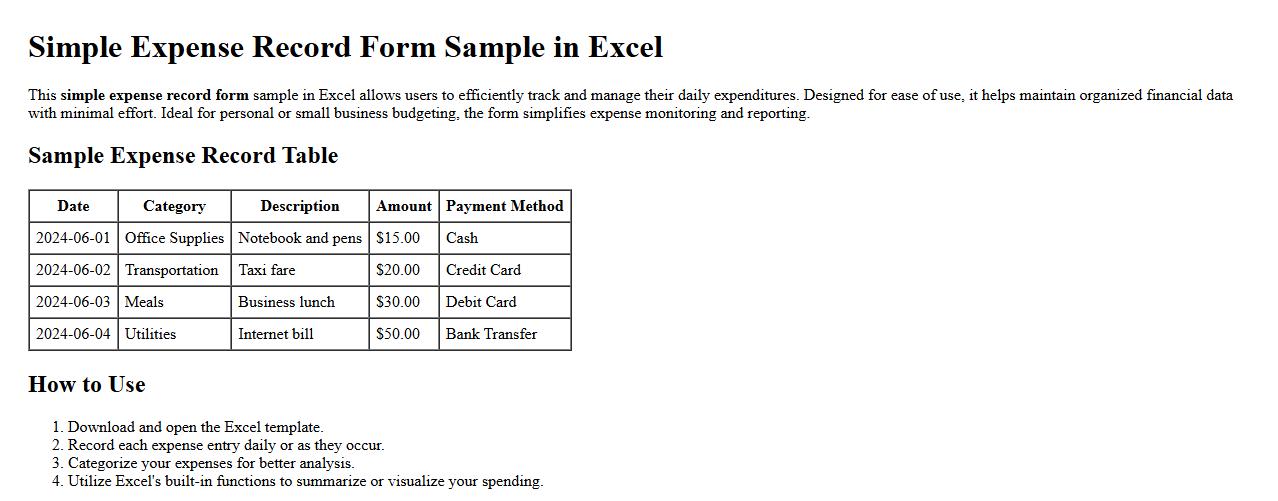 Simple expense record form sample in Excel image preview