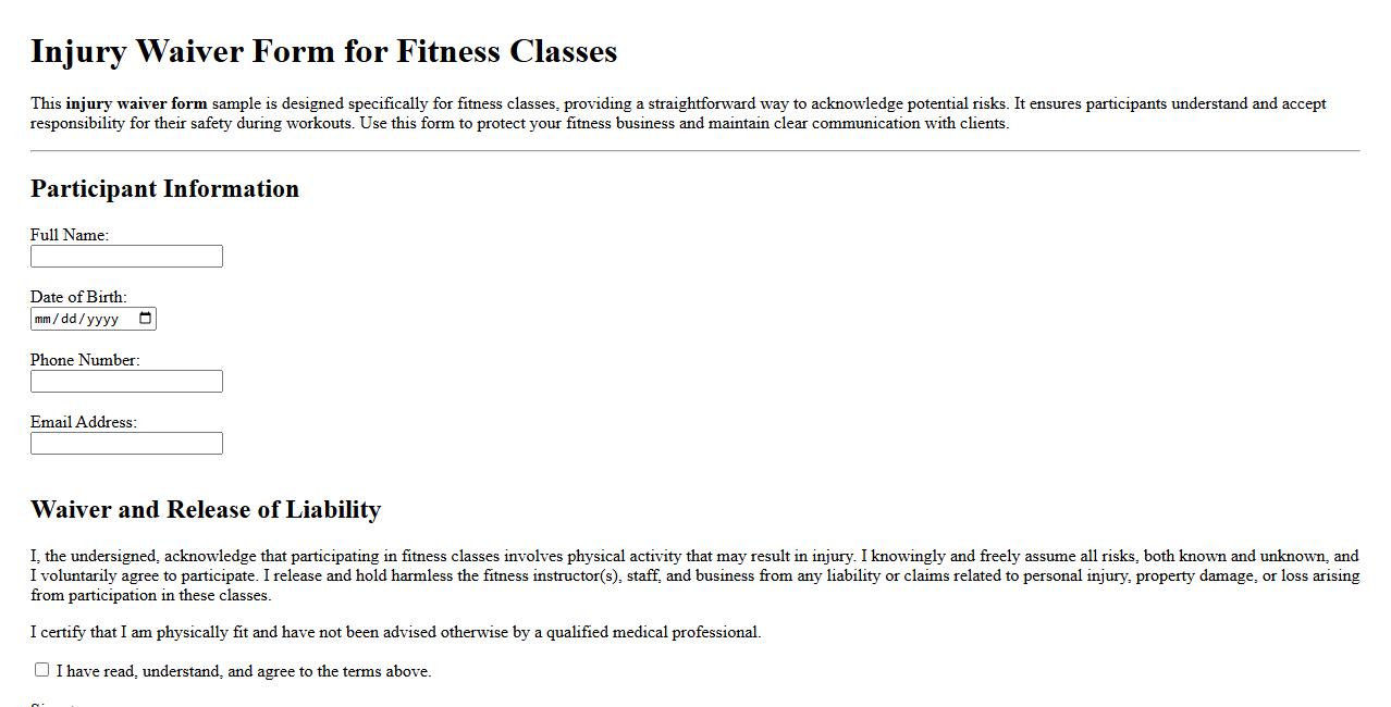 Simple injury waiver form sample for fitness classes image preview