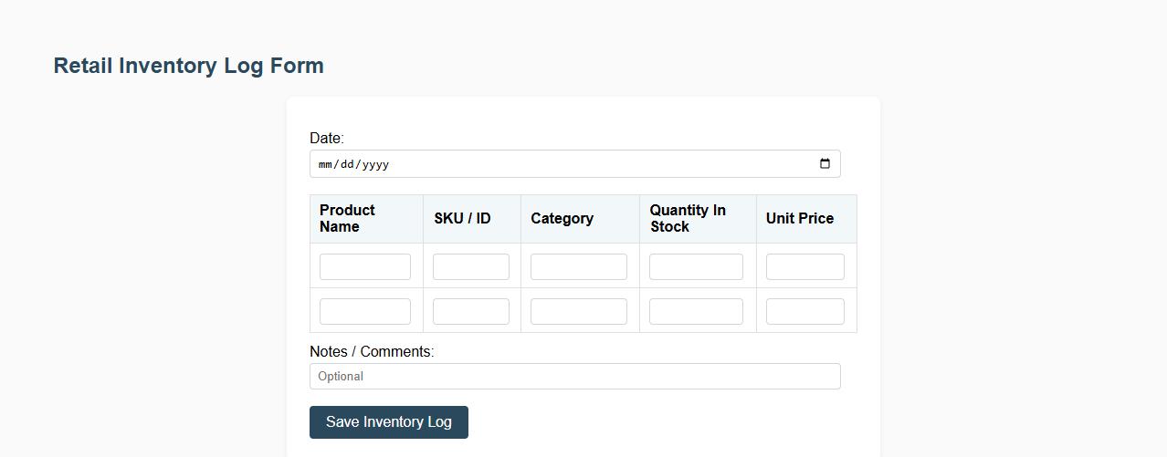 simple inventory log form sample for retail image preview