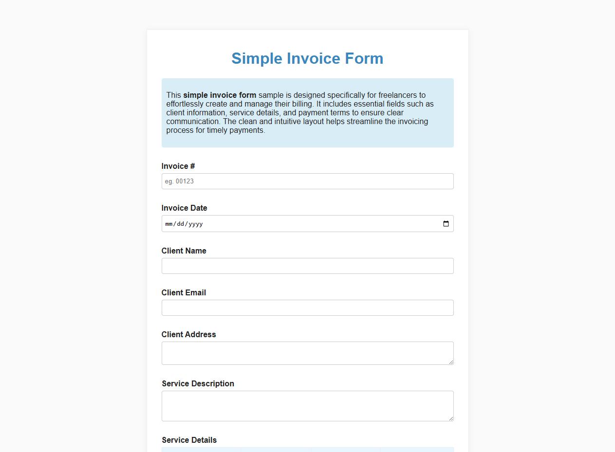Simple invoice form sample for freelancers image preview