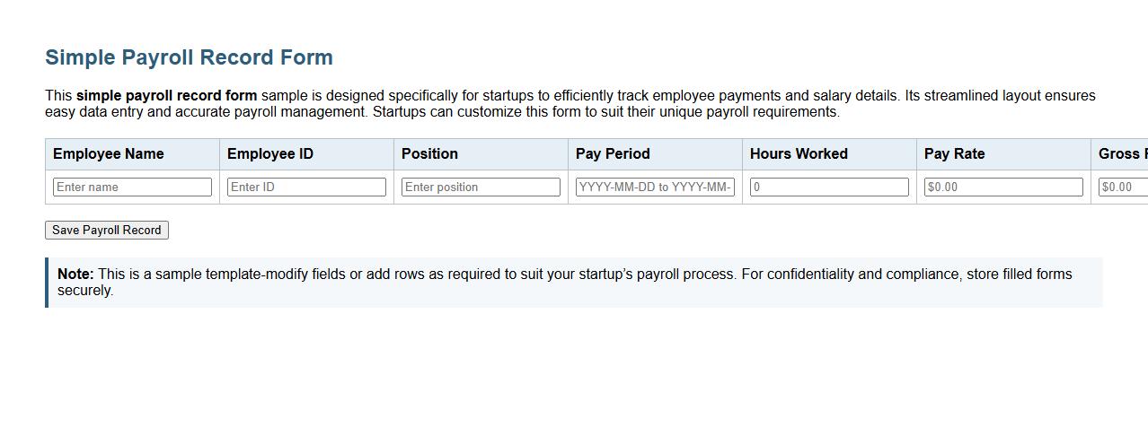 simple payroll record form sample for startups image preview