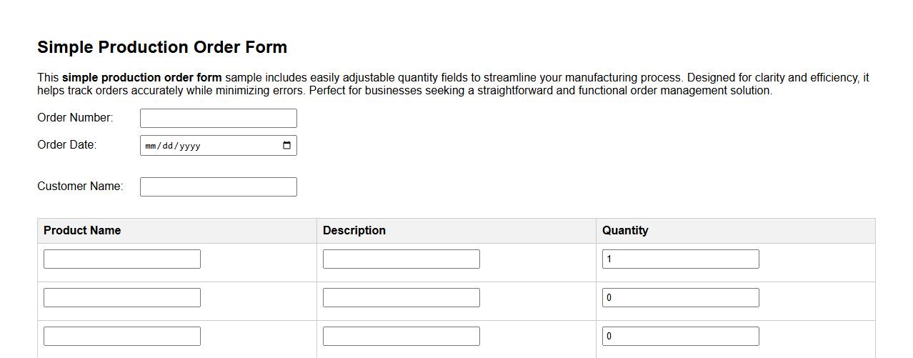 simple production order form sample with quantity fields image preview