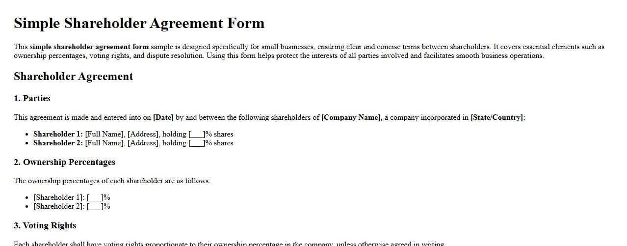 Simple shareholder agreement form sample for small business image preview