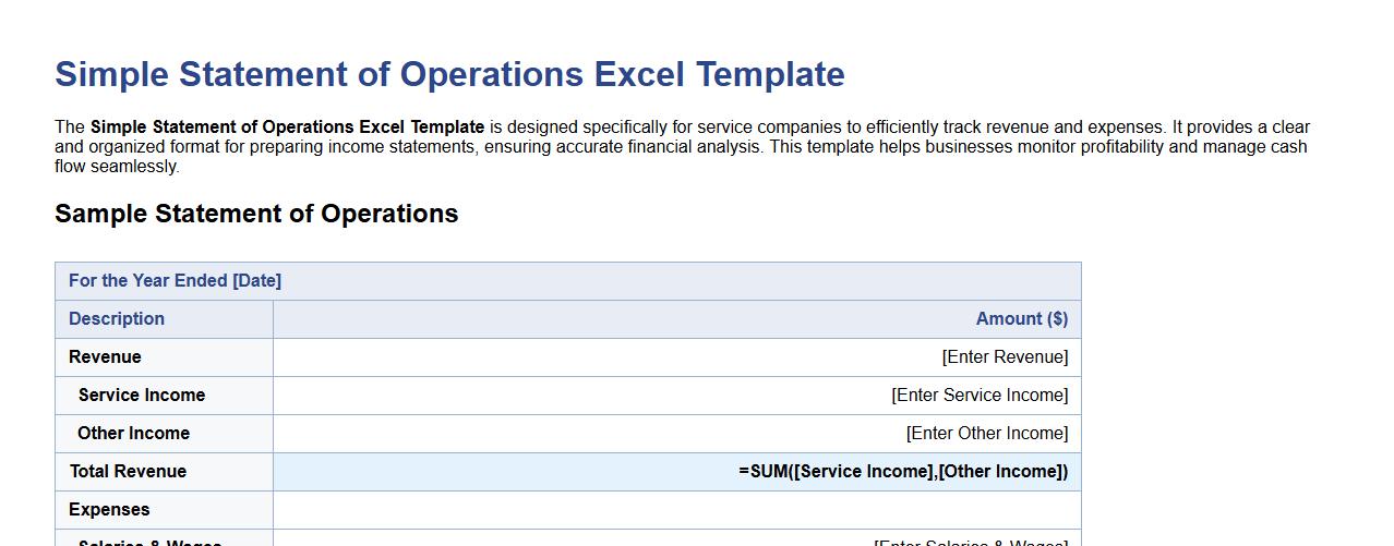 simple statement of operations Excel template for service companies image preview