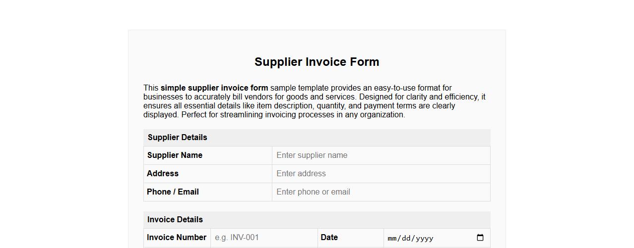 simple supplier invoice form sample template image preview