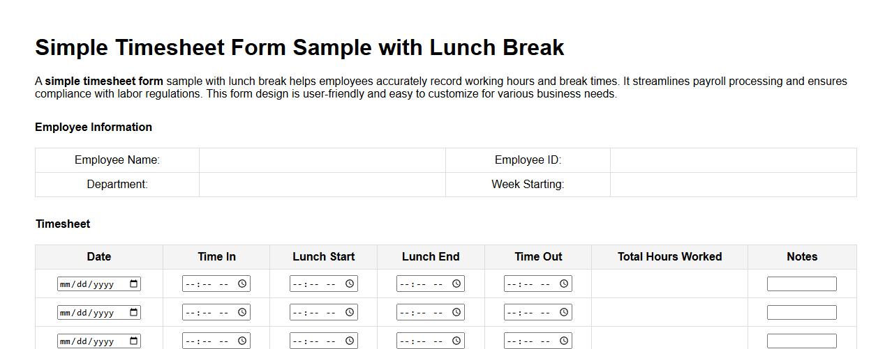 simple timesheet form sample with lunch break image preview