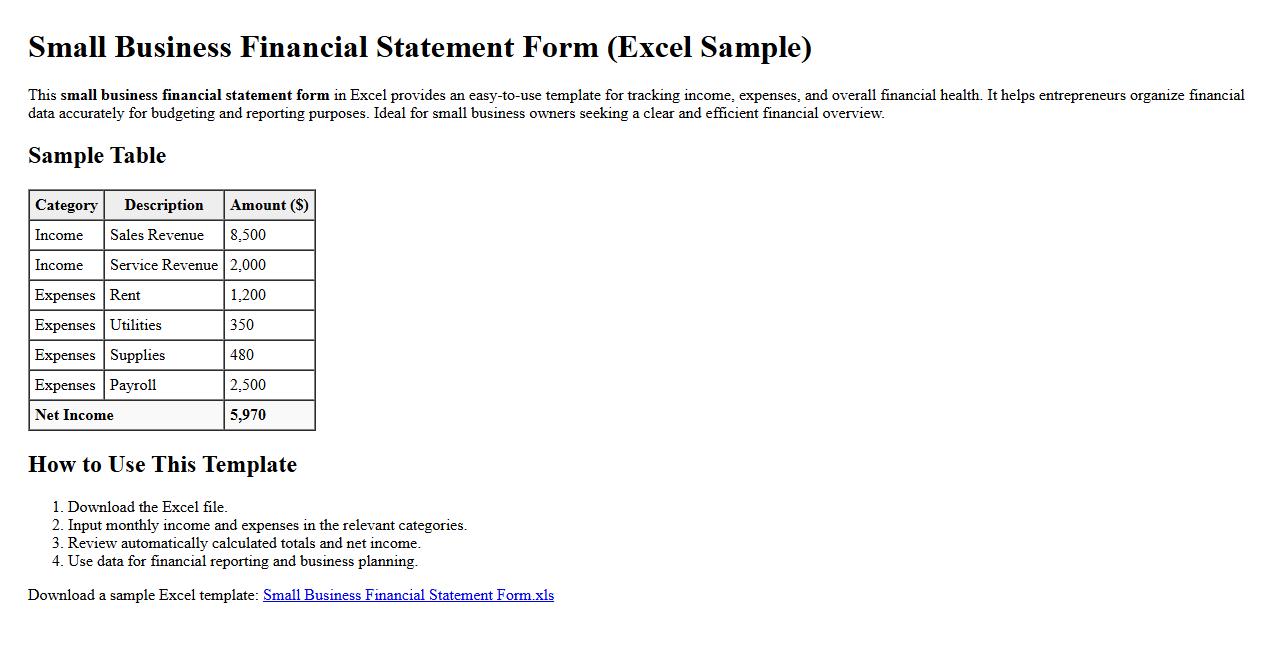 Small business financial statement form excel sample image preview