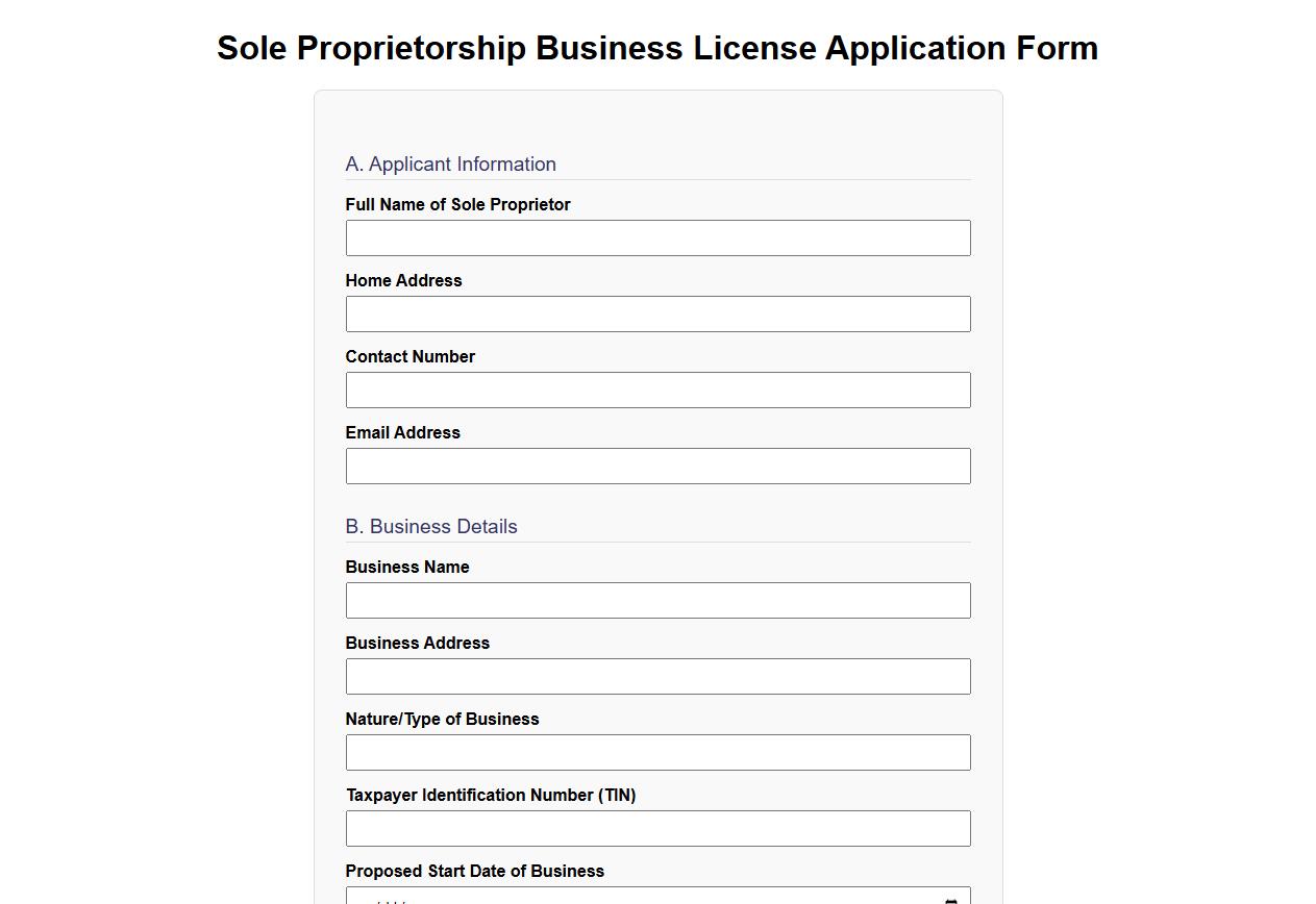 sole proprietorship business license application form sample image preview
