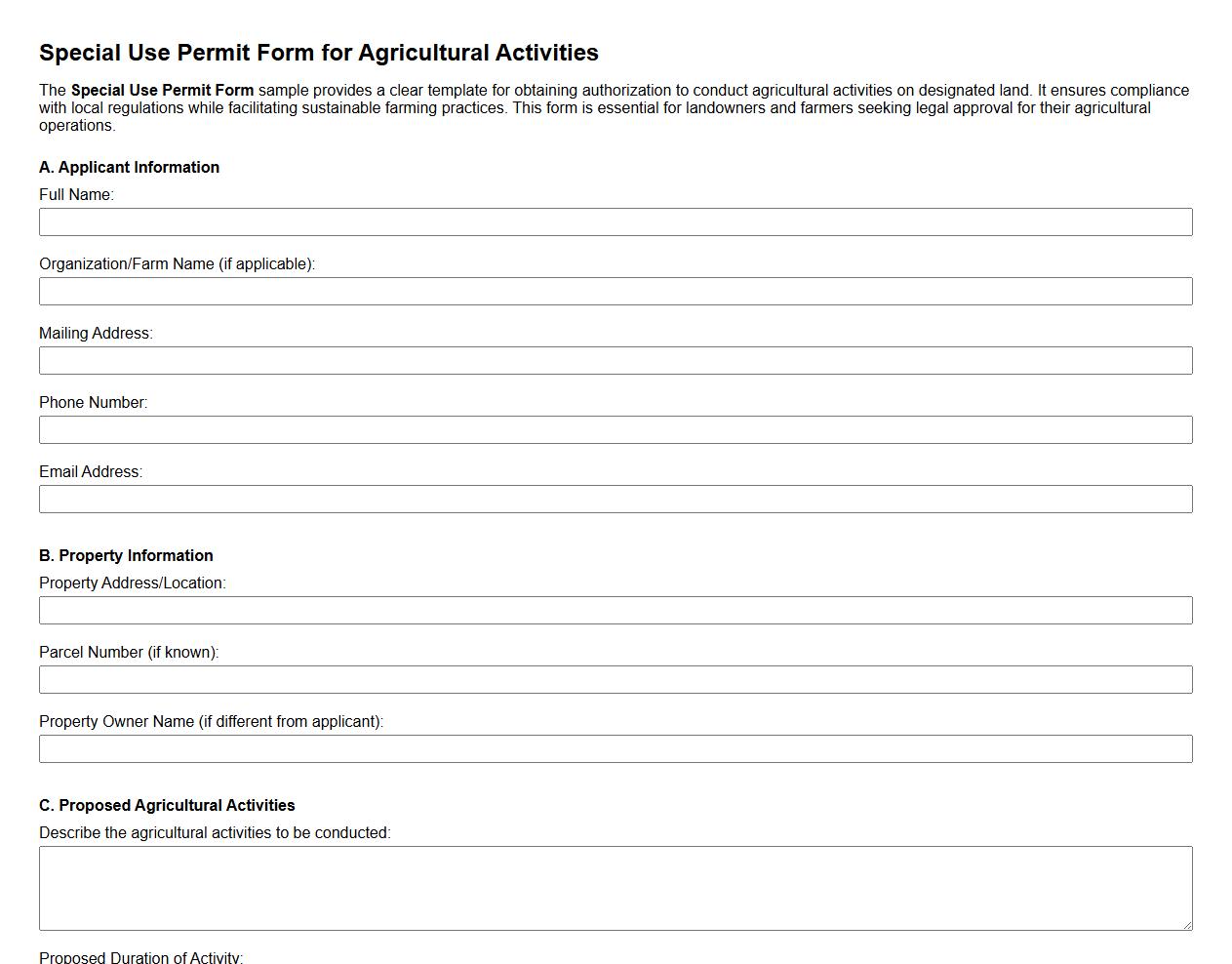 Special Use Permit Form Sample for Agricultural Activities image preview
