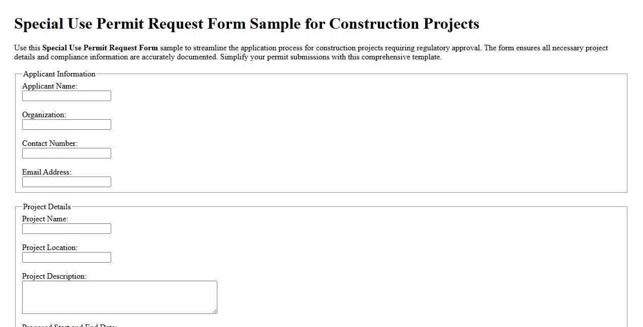 Special Use Permit Request Form Sample for Construction Projects image preview