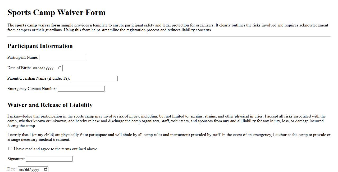sports camp waiver form sample image preview