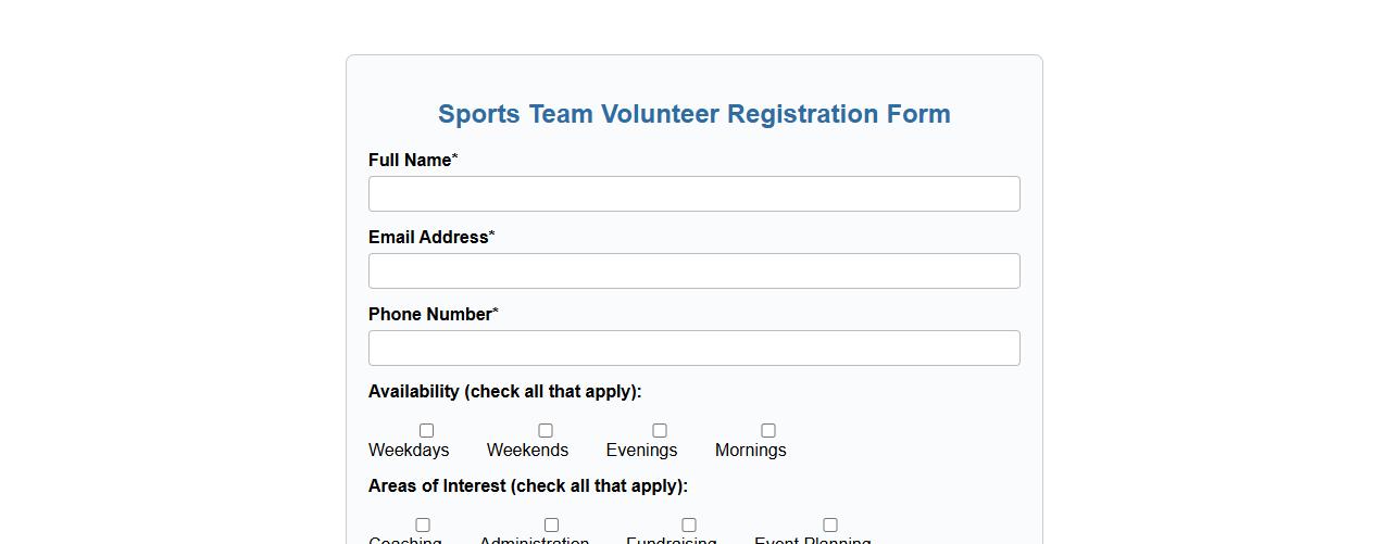 sports team volunteer registration form sample image preview