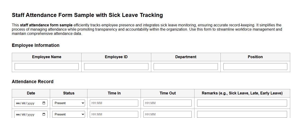 Staff attendance form sample with sick leave tracking image preview