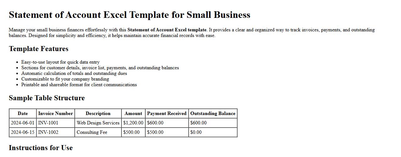 Statement of account Excel template for small business image preview