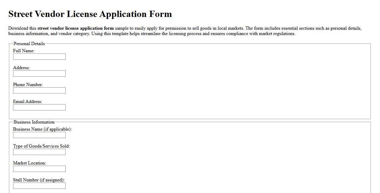 street vendor license application form sample for markets image preview