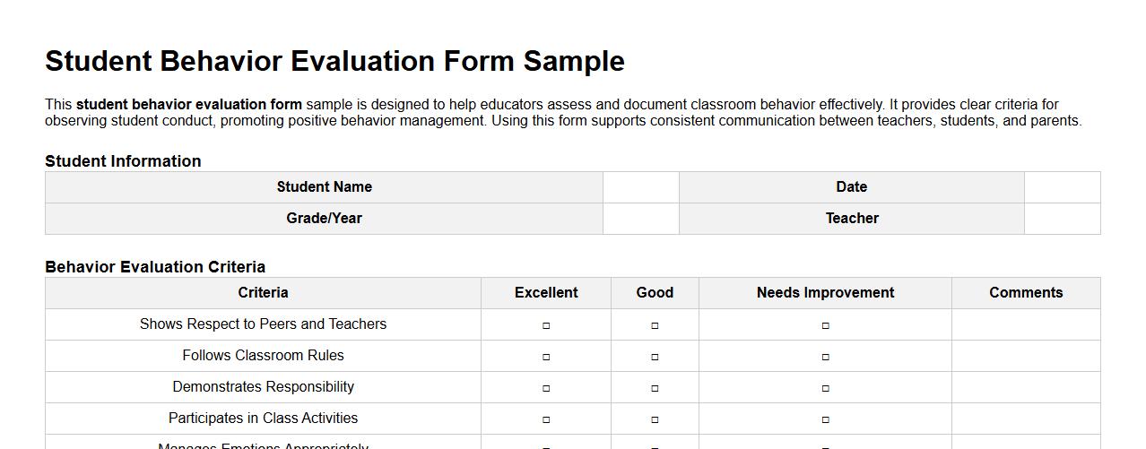 Student behavior evaluation form sample for classroom image preview