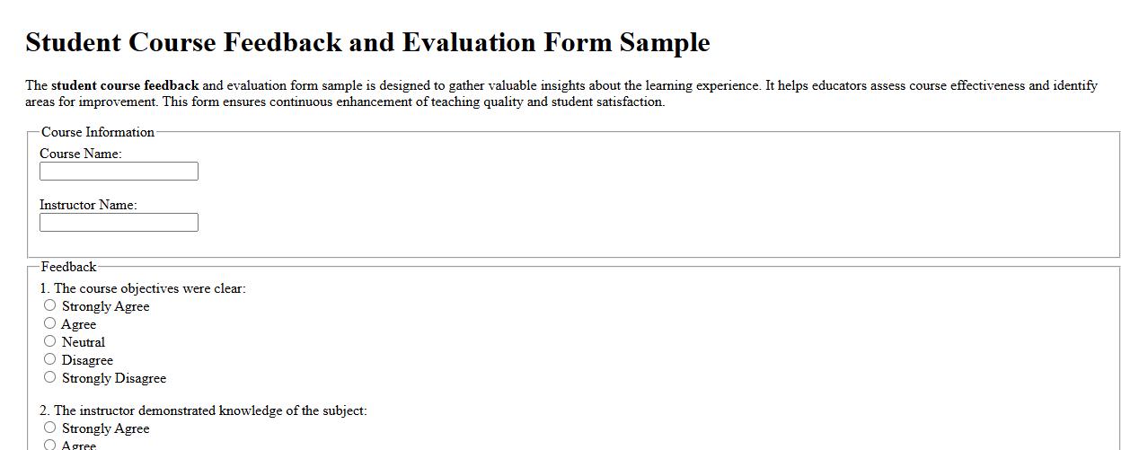 Student course feedback and evaluation form sample image preview