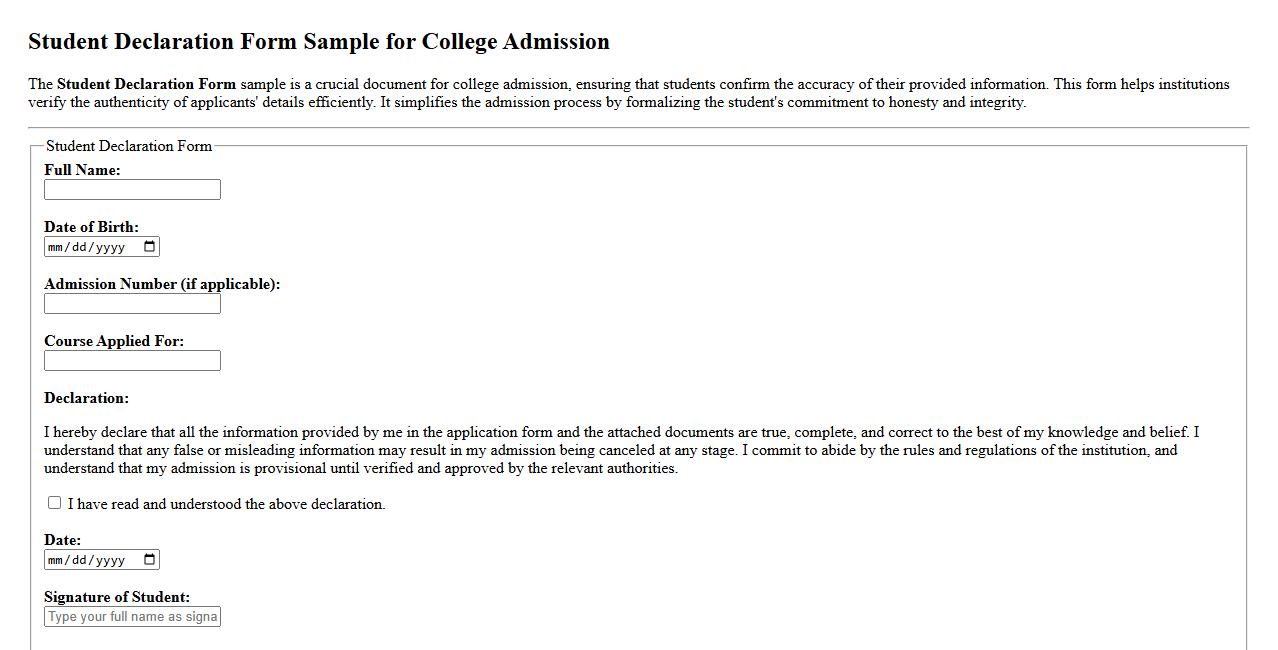 Student Declaration Form Sample for College Admission image preview