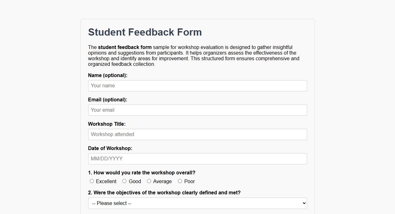 Student feedback form sample for workshop evaluation image preview