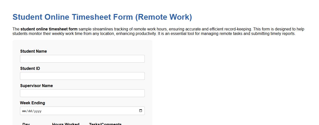 student online timesheet form sample for remote work image preview