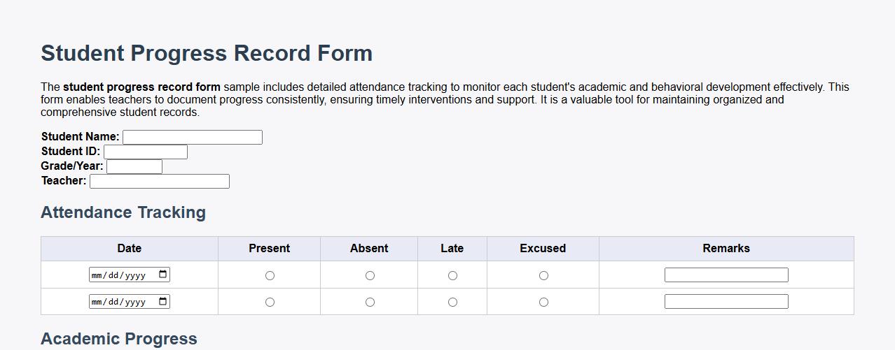 Student progress record form sample with attendance tracking image preview