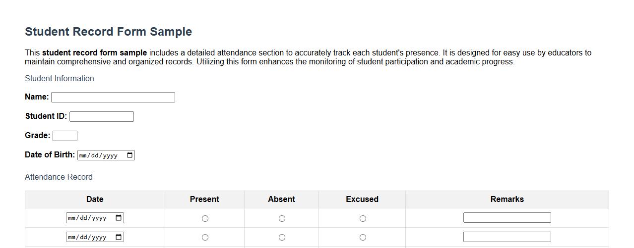 Student record form sample with attendance section image preview