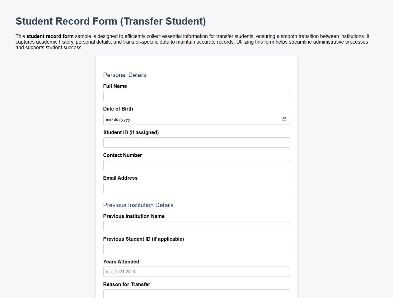 Student record form sample for transfer students image preview