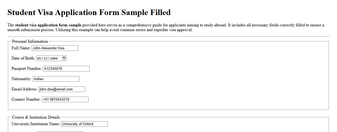 Student visa application form sample filled image preview