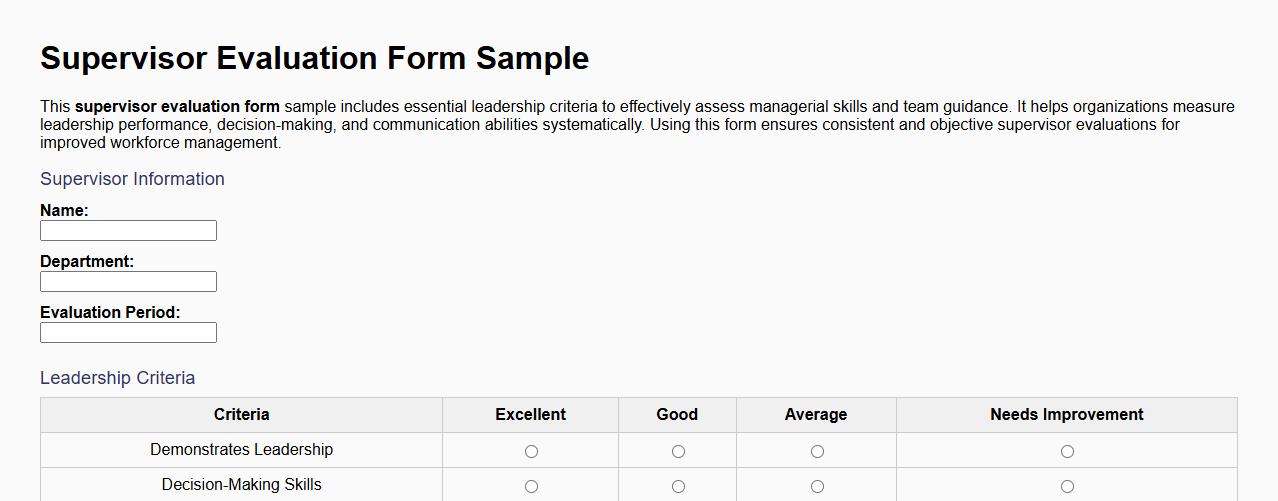 Supervisor evaluation form sample with leadership criteria image preview