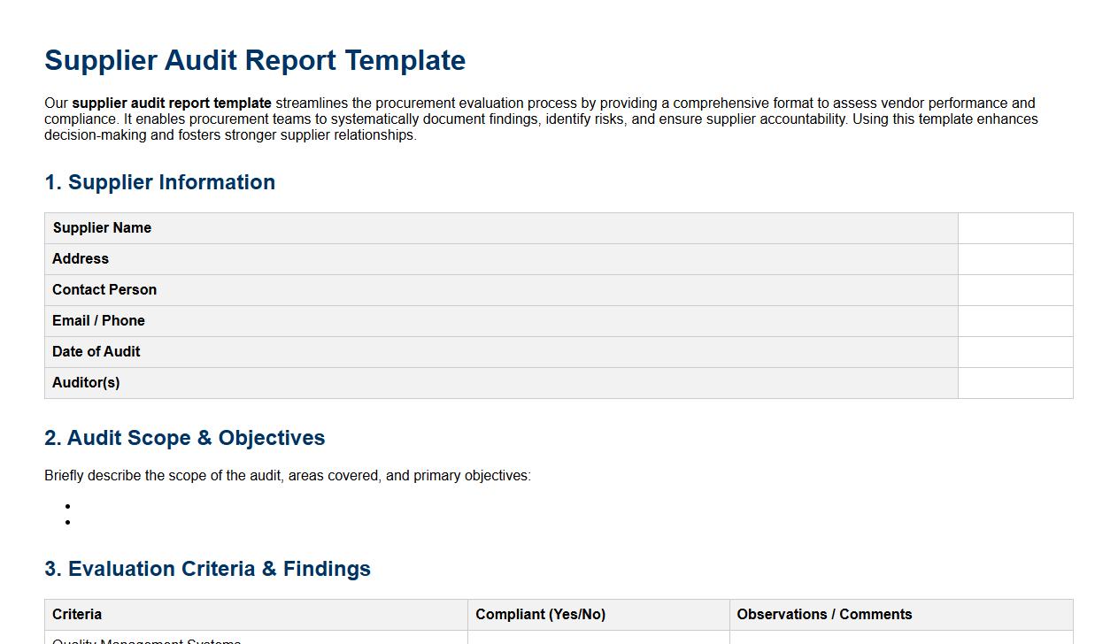 Supplier audit report template for procurement evaluation image preview