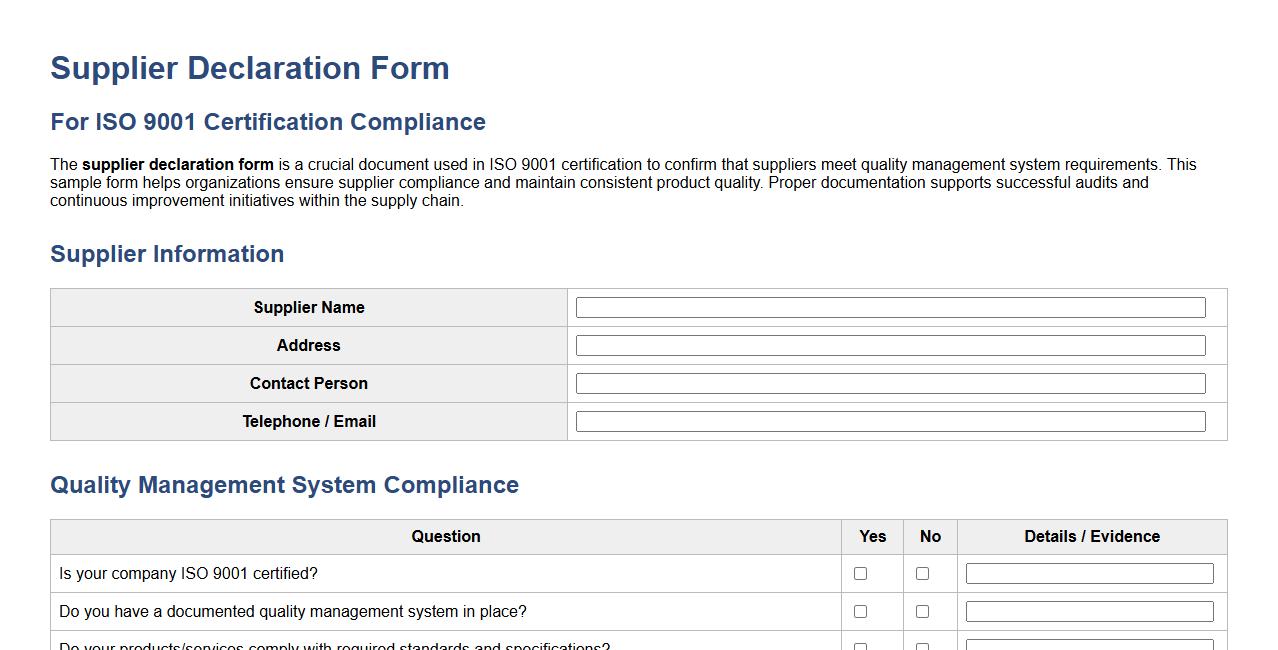 supplier declaration form sample for ISO 9001 certification image preview