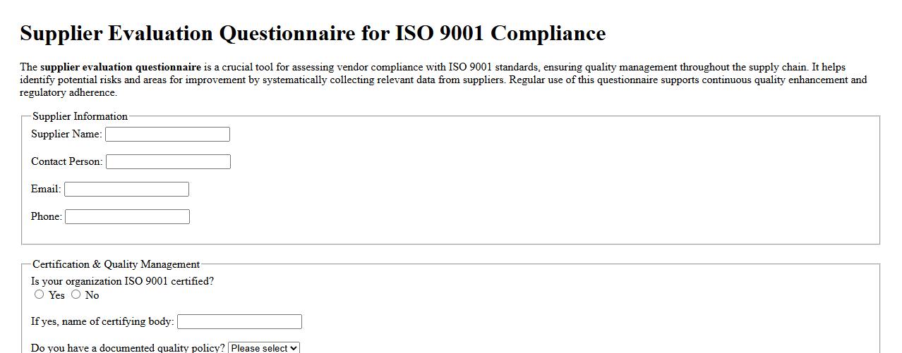Supplier evaluation questionnaire for ISO 9001 compliance image preview