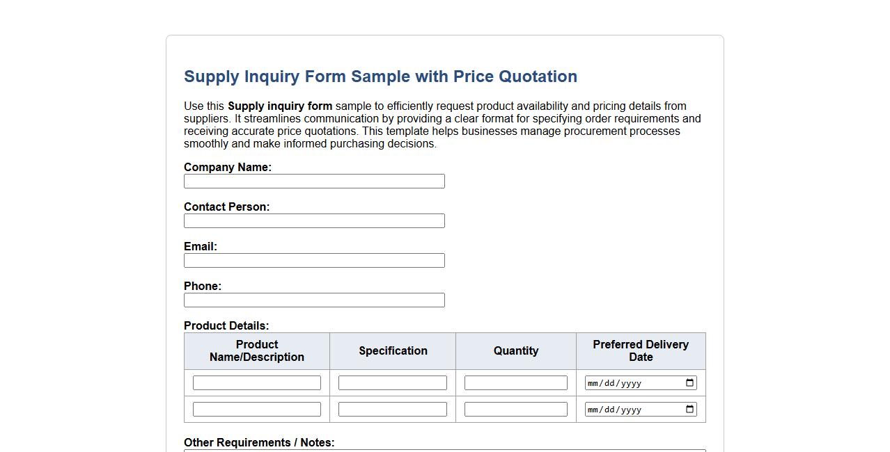 Supply inquiry form sample with price quotation image preview