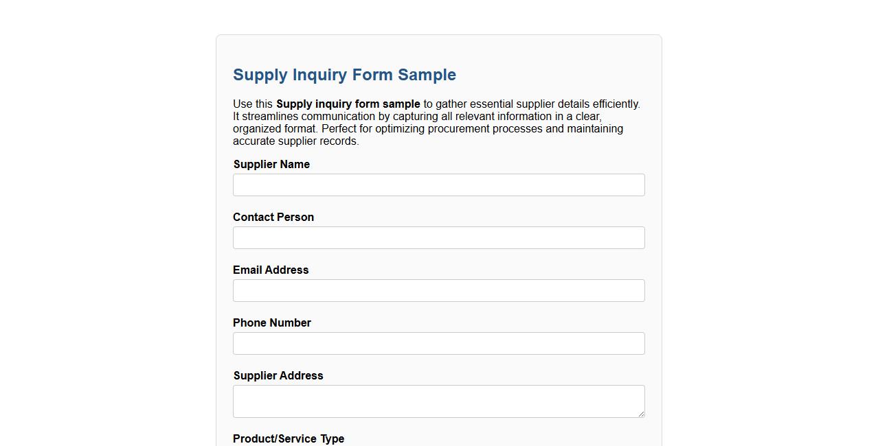 Supply inquiry form sample with supplier details image preview