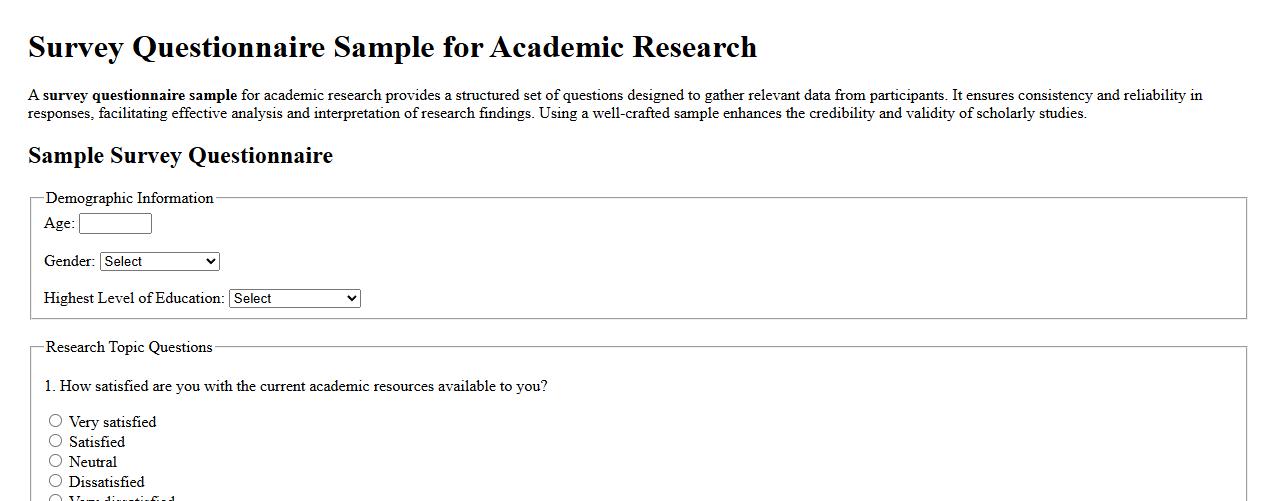Survey questionnaire sample for academic research image preview