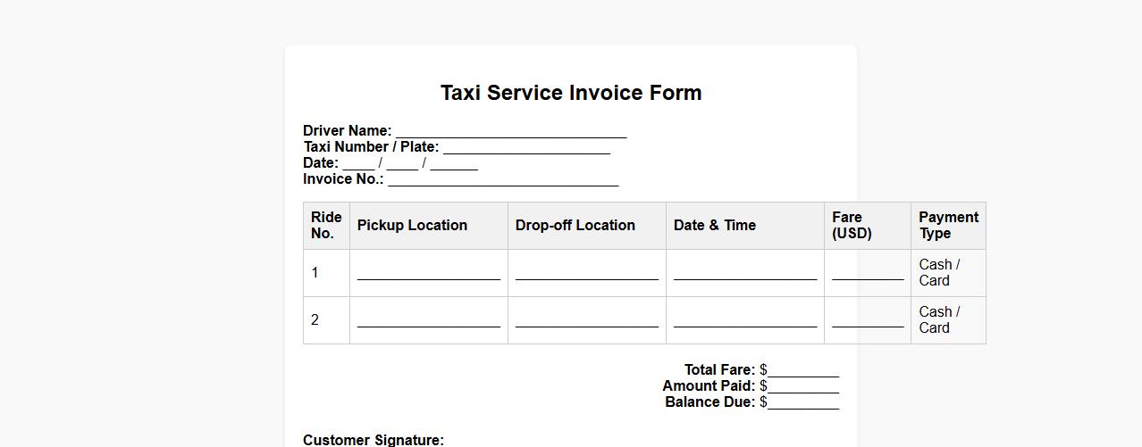 taxi service invoice form sample for drivers image preview