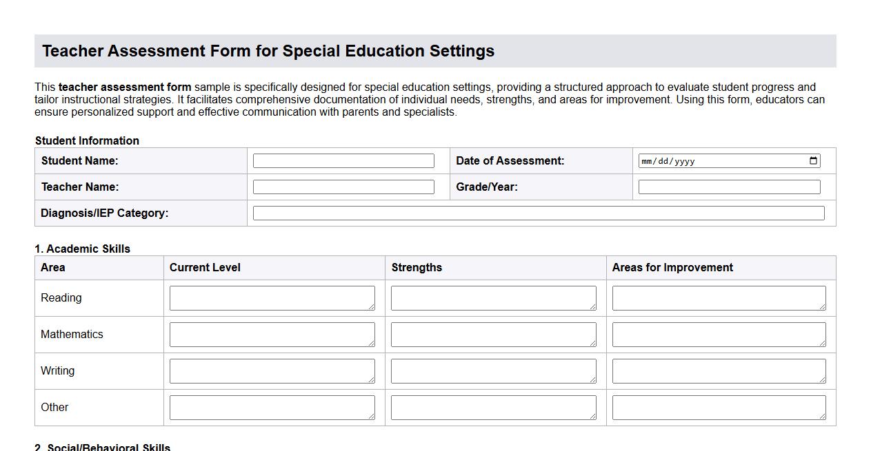 teacher assessment form sample for special education settings image preview