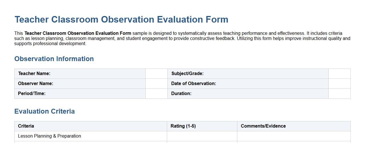 Teacher classroom observation evaluation form sample image preview