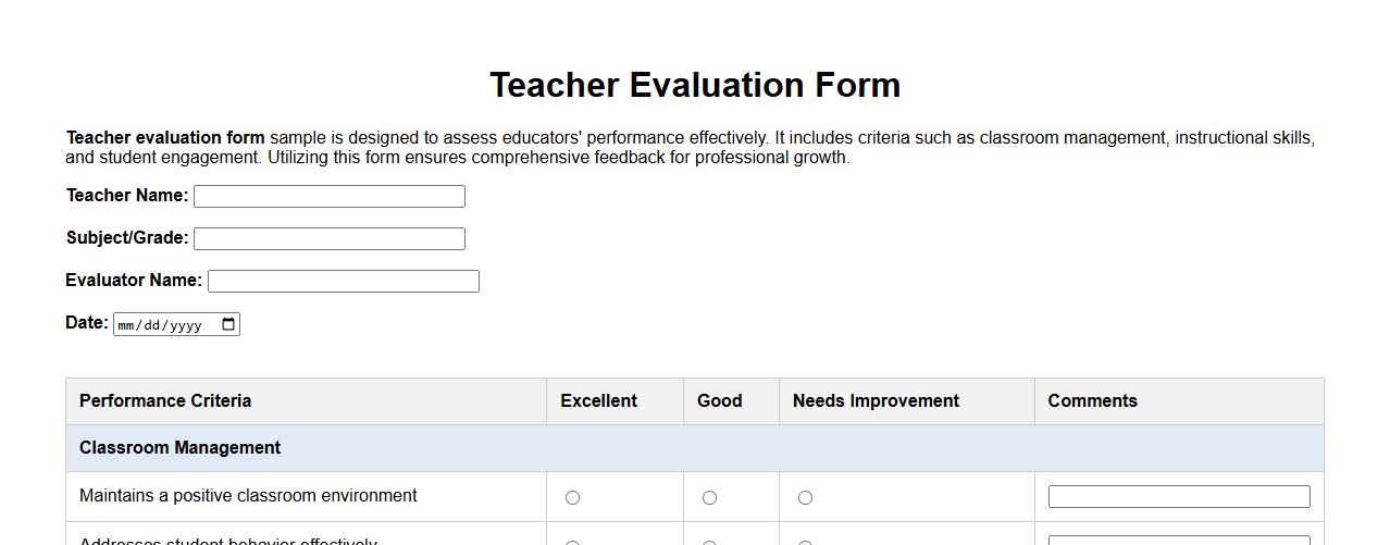 Teacher evaluation form sample based on performance image preview