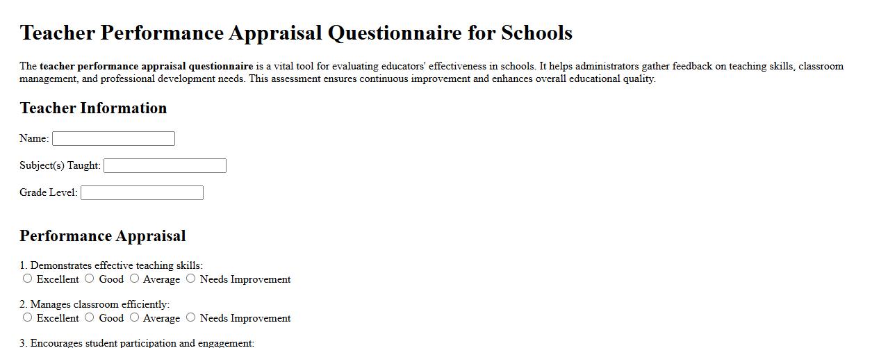 Teacher performance appraisal questionnaire for schools image preview