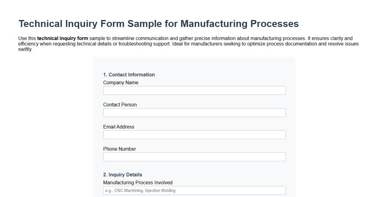 Technical inquiry form sample for manufacturing processes image preview