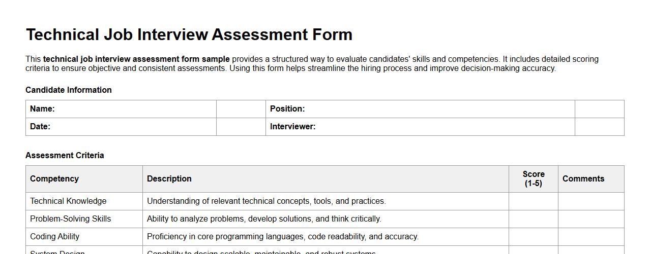 technical job interview assessment form sample with scoring image preview