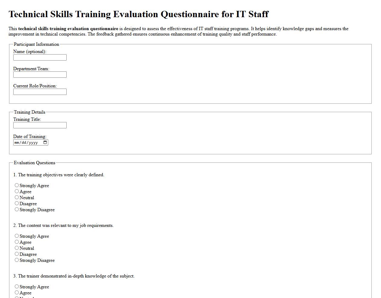 technical skills training evaluation questionnaire for IT staff image preview